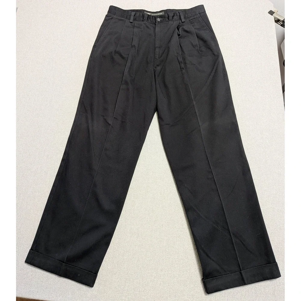 VTG Dockers Men's Black 34X30 Pleated Cotton Chino Dress Pants